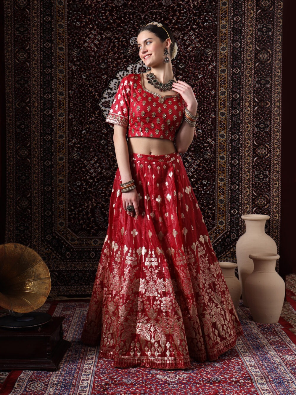 Royal Red Embroidered Banarasi Silk Lehenga - Image 4